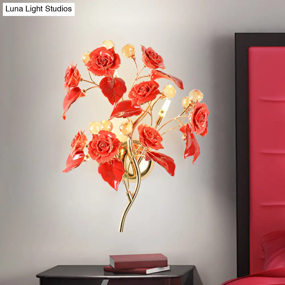 Modern Faceted Crystal Flower Sconce - Wall Mounted Bedroom Light Fixture With 3 Bulbs