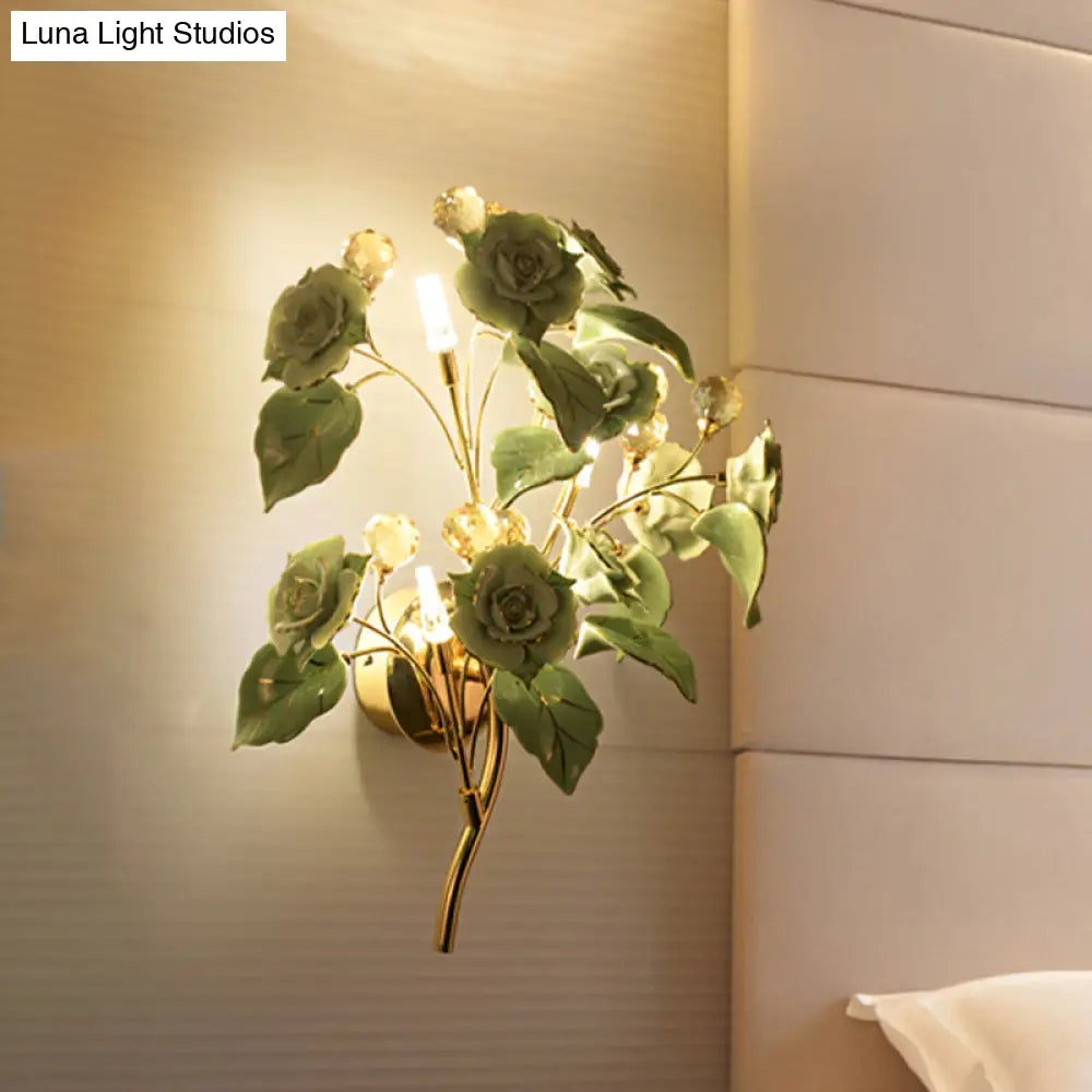 Modern Faceted Crystal Flower Sconce - Wall Mounted Bedroom Light Fixture With 3 Bulbs