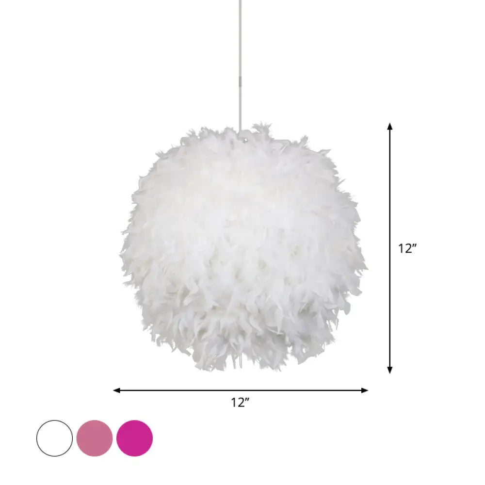 Modern Feather Pendant Light In White/Pink/Rose Red - 12/14/16 Wide Sphere Drop 1 Head For Bedroom
