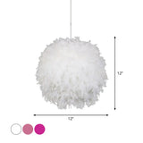 Modern Feather Pendant Light In White/Pink/Rose Red - 12/14/16 Wide Sphere Drop 1 Head For Bedroom