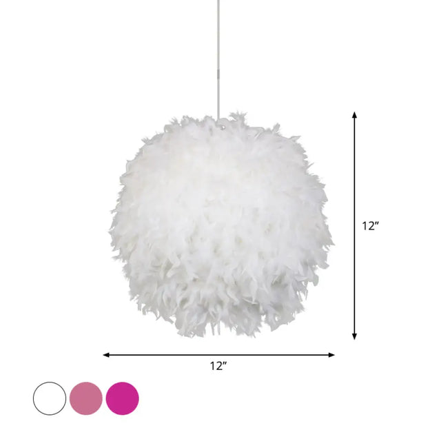 Modern Feather Pendant Light In White/Pink/Rose Red - 12/14/16 Wide Sphere Drop 1 Head For Bedroom