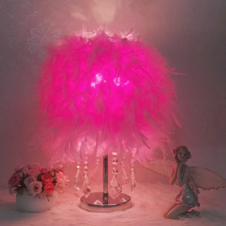 Modern Feather Bedroom Lamp: Cylindrical Nightstand Table Light With Crystal Drip Pink / B