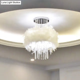 Modern Feather Drum Semi Flush Chandelier With Crystal Chain And 4 Bulbs For Bedroom Ceiling In