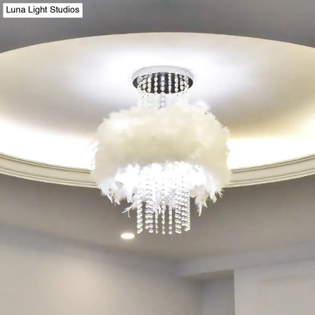 Modern Feather Drum Semi Flush Chandelier With Crystal Chain And 4 Bulbs For Bedroom Ceiling In