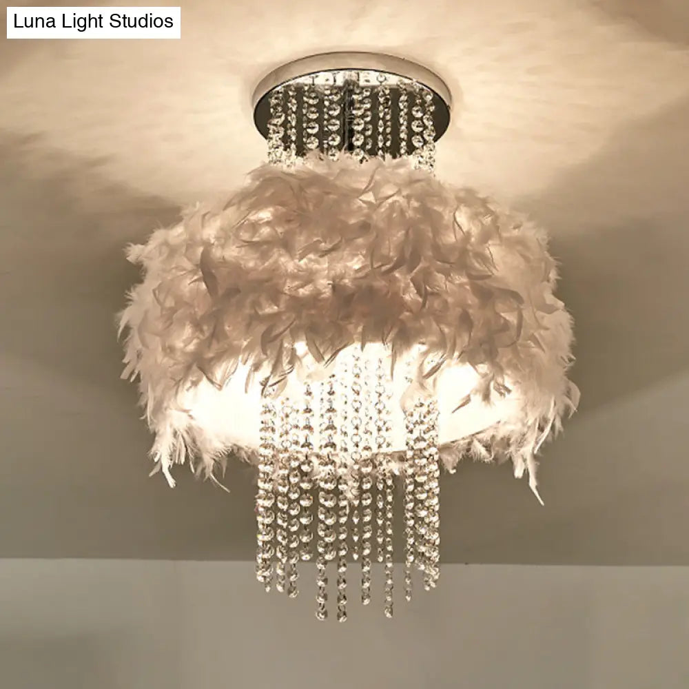Modern Feather Drum Semi Flush Chandelier With Crystal Chain And 4 Bulbs For Bedroom Ceiling In