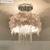Modern Feather Drum Semi Flush Chandelier With Crystal Chain And 4 Bulbs For Bedroom Ceiling In