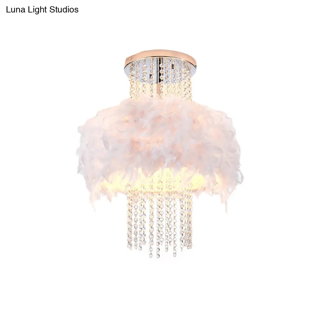Modern Feather Drum Semi Flush Chandelier With Crystal Chain And 4 Bulbs For Bedroom Ceiling In