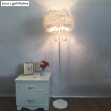 Modern Feather Drum Standing Floor Light: 16/18 W 1-Head White Lamp With Or Without Draping Crystal