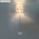 Modern Feather Drum Standing Floor Light: 16/18 W 1-Head White Lamp With Or Without Draping Crystal
