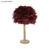 Modern Feather Flower Night Lamp: 1-Light Grey/Blue/Burgundy Wood Table Light For Bedroom