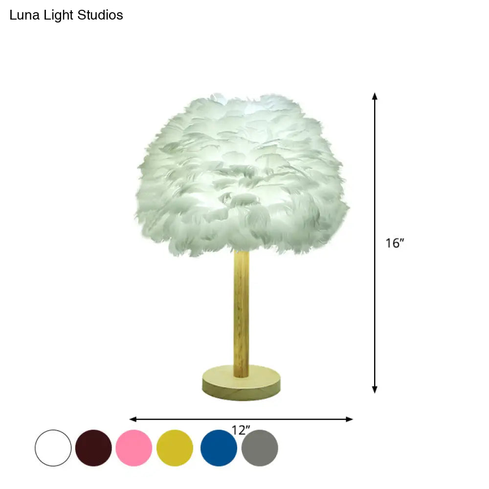 Modern Feather Flower Night Lamp: 1-Light Grey/Blue/Burgundy Wood Table Light For Bedroom