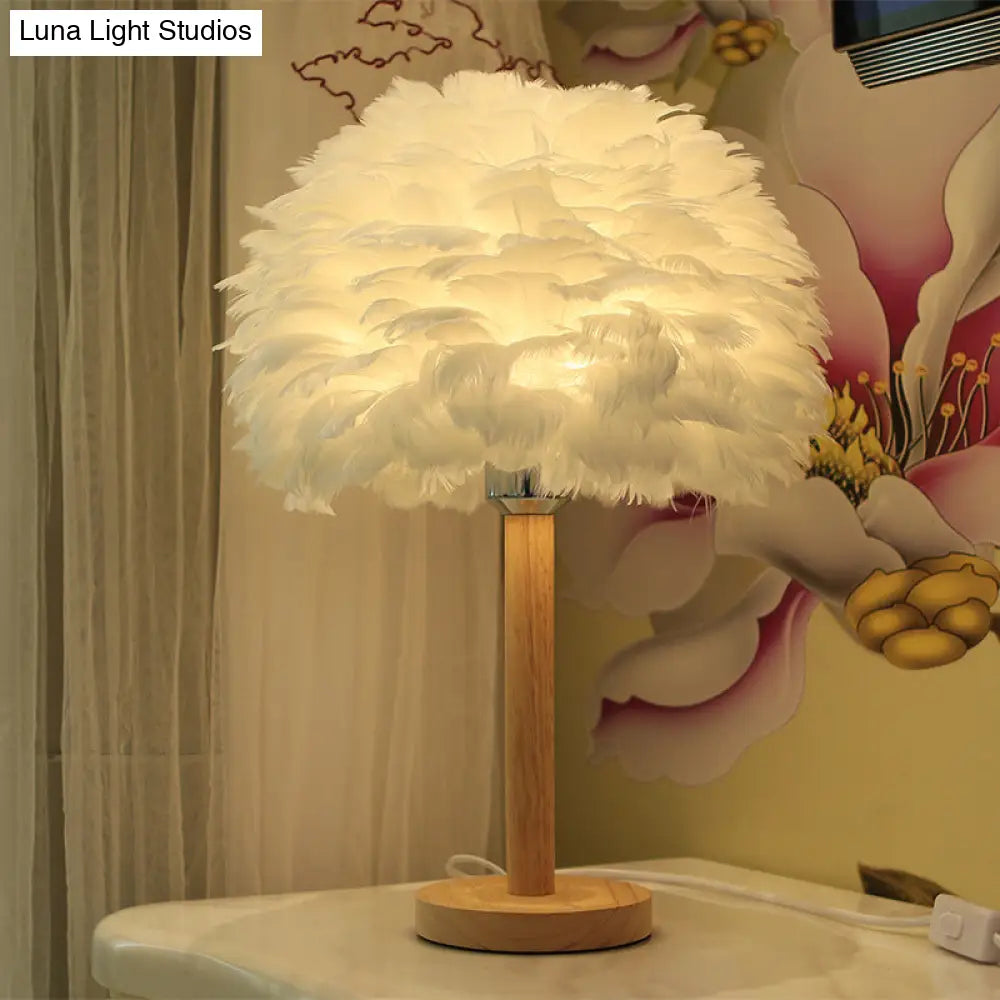 Modern Feather Flower Night Lamp: 1-Light Grey/Blue/Burgundy Wood Table Light For Bedroom