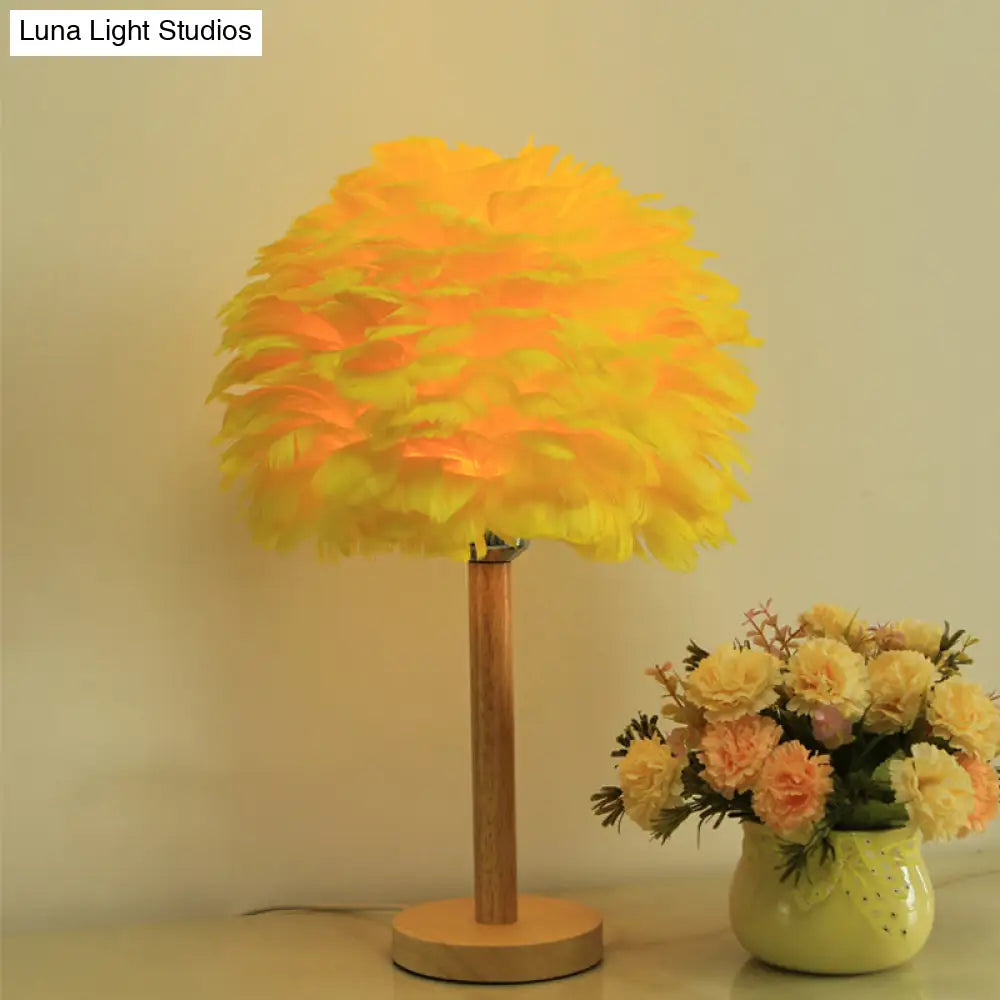 Modern Feather Flower Night Lamp: 1-Light Grey/Blue/Burgundy Wood Table Light For Bedroom