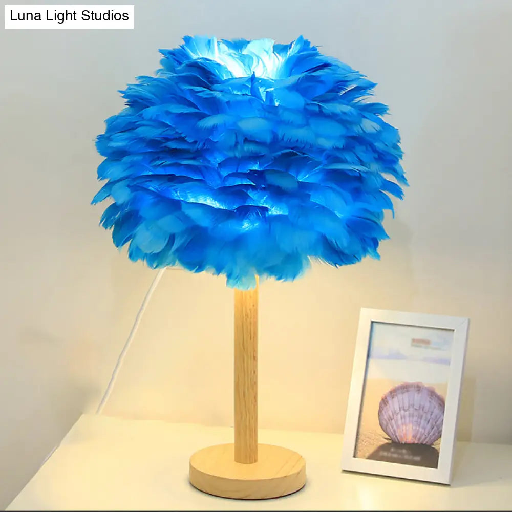 Modern Feather Flower Night Lamp: 1-Light Grey/Blue/Burgundy Wood Table Light For Bedroom