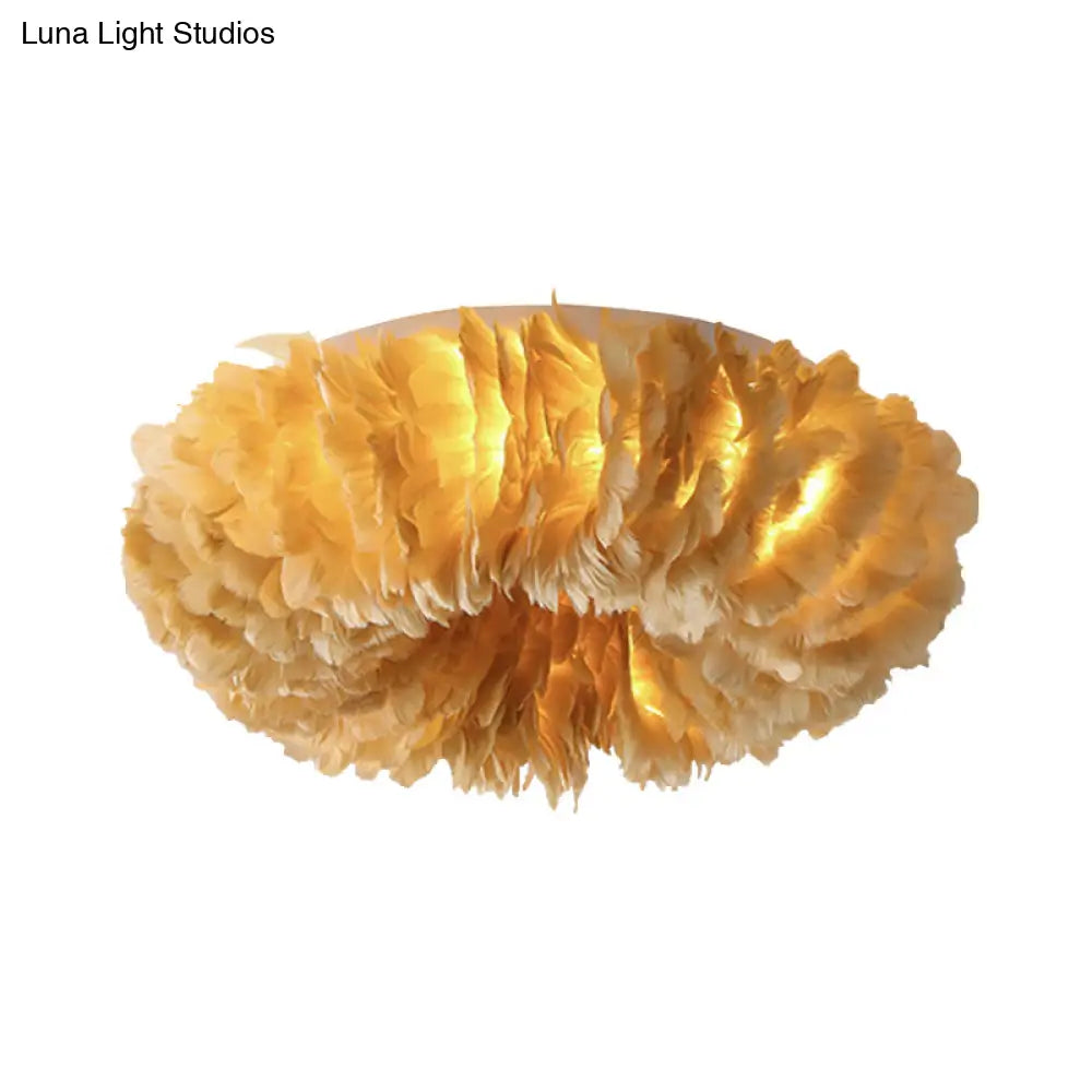 Modern Feather Flushmount Ceiling Light With 3/6 Fabric Heads In White/Grey/Pink For Bedroom