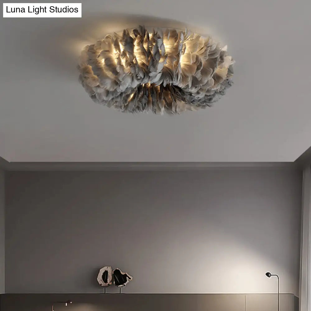 Modern Feather Flushmount Ceiling Light With 3/6 Fabric Heads In White/Grey/Pink For Bedroom