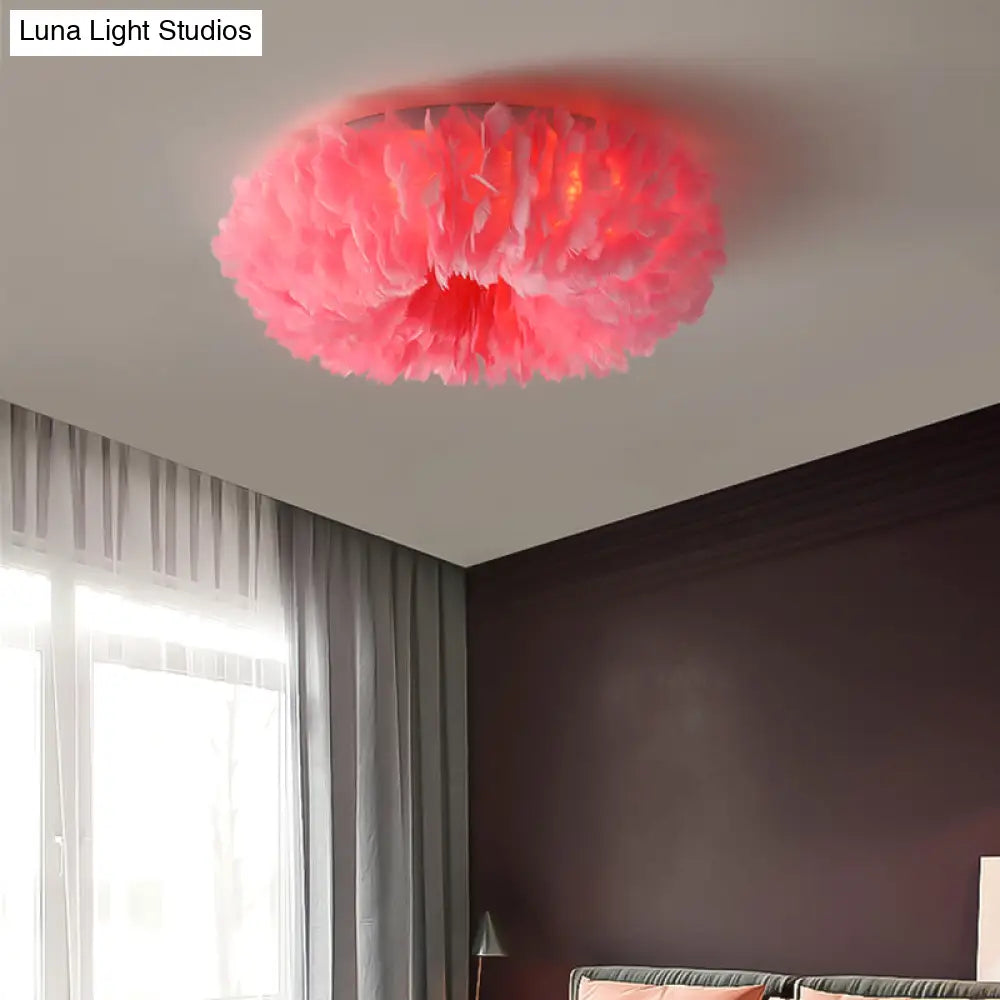 Modern Feather Flushmount Ceiling Light With 3/6 Fabric Heads In White/Grey/Pink For Bedroom
