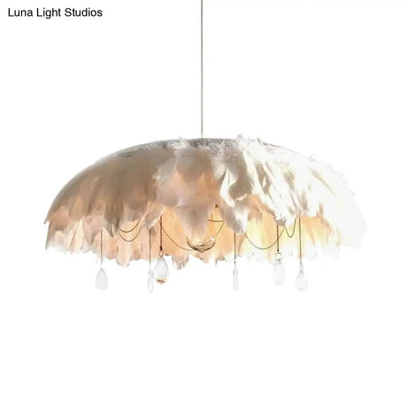 Modern Feather Hanging Lamp: White Fabric Pendant With Crystal Drop