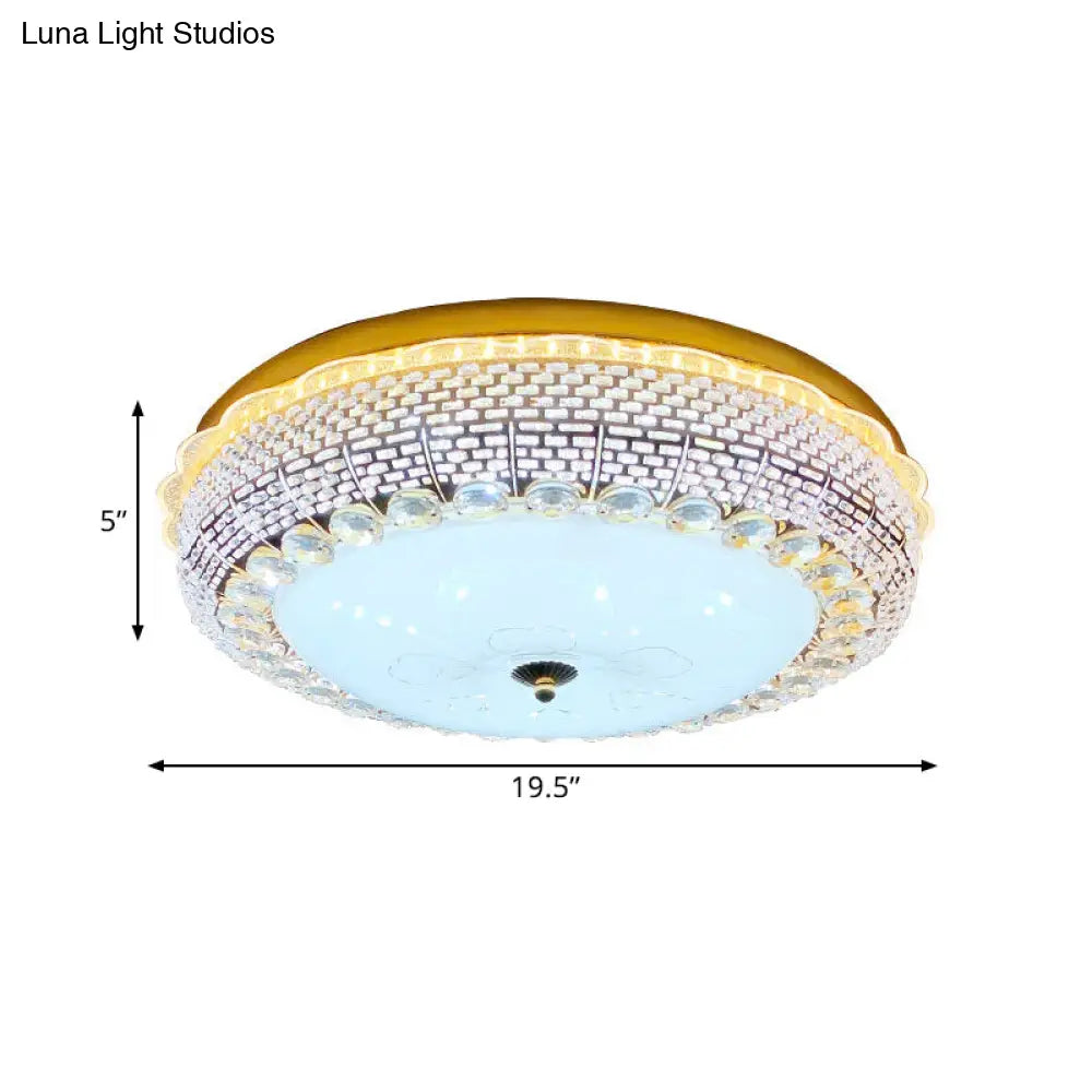 Modern Fishscale/Net Design Gold Drum Led Flushmount With Crystal Accents For Bedroom Ceiling