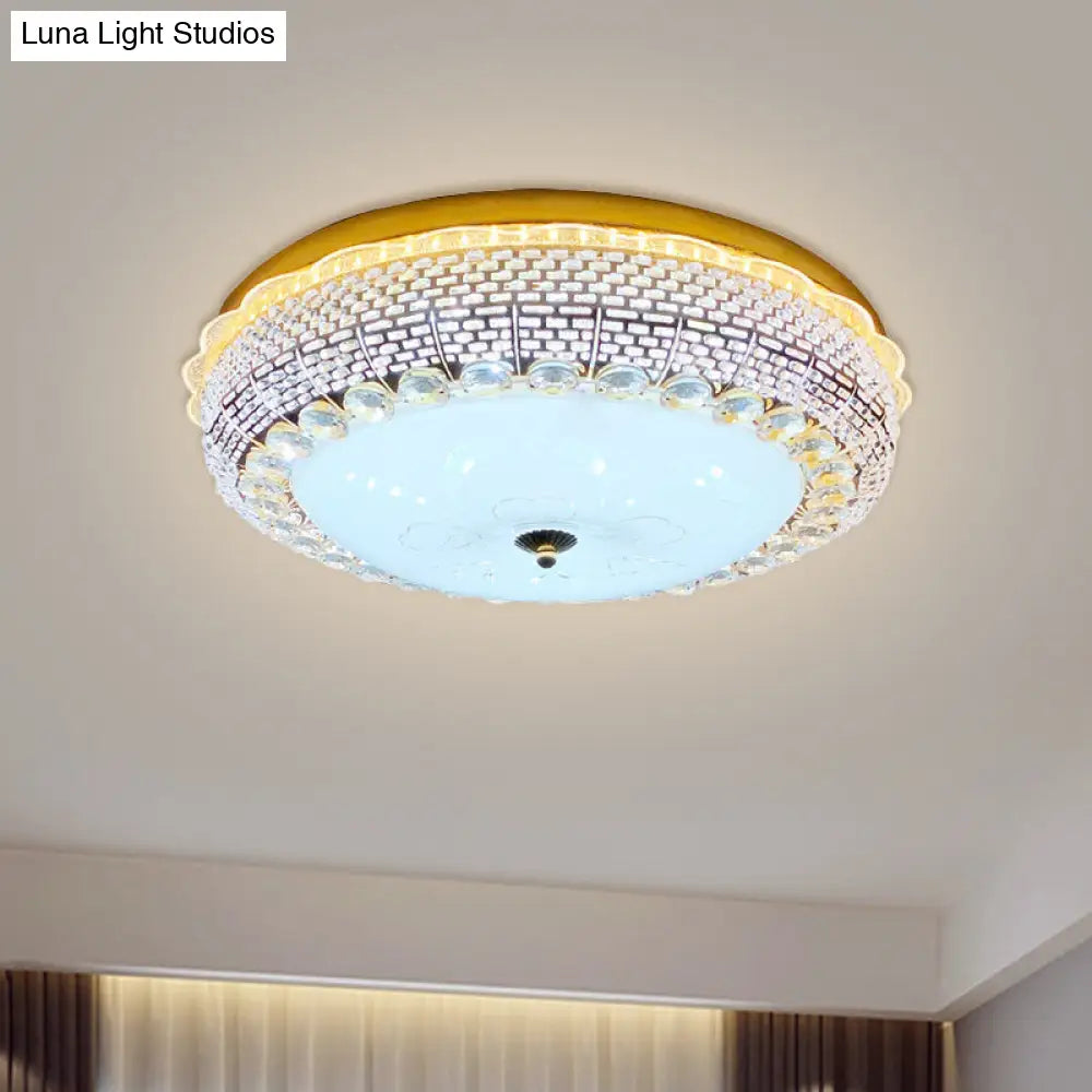 Modern Fishscale/Net Design Gold Drum Led Flushmount With Crystal Accents For Bedroom Ceiling