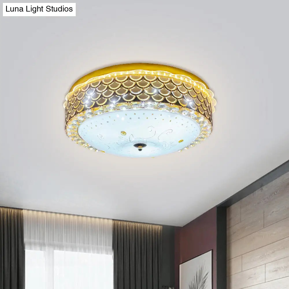 Modern Fishscale/Net Design Gold Drum Led Flushmount With Crystal Accents For Bedroom Ceiling