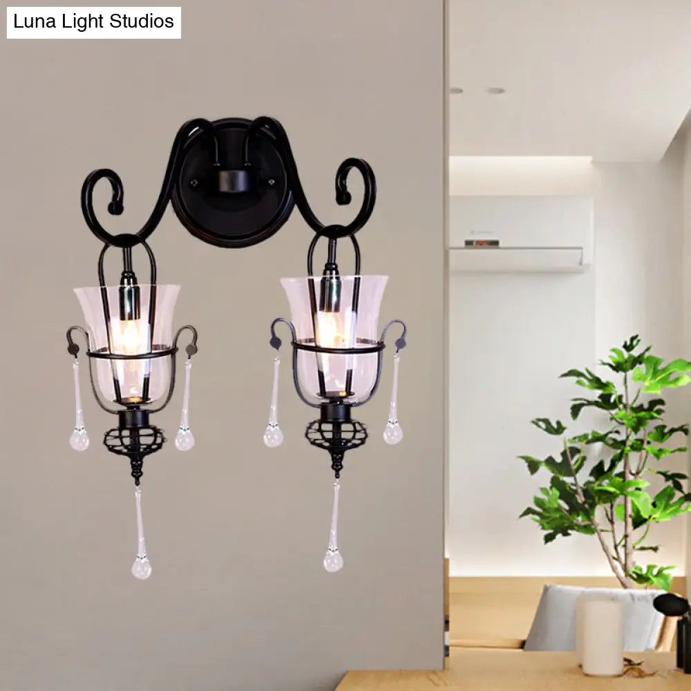 Modern Flared Black Wall Lamp With Clear Glass Shade