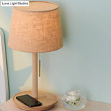 Modern Flaxen Fabric Task Light Nightstand Lamp With Flared Shade And Pull Chain