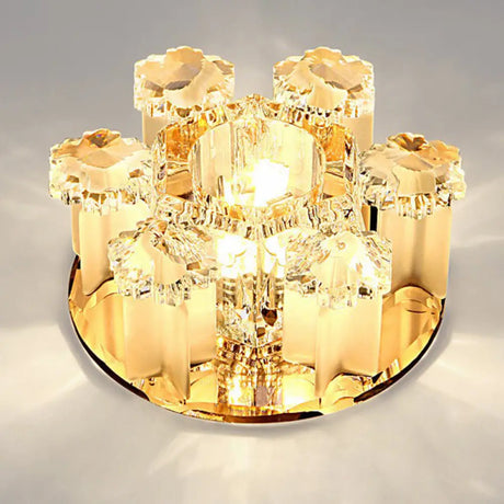 Modern Floral Ceiling Flush Light With Crystal Block - Led Hallway Flush - Mount Fixture Tan