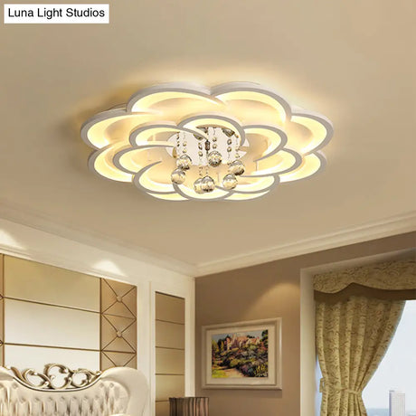 Modern Floral Girls Bedroom Led Flush Ceiling Light With Crystal Ball Drop In White -