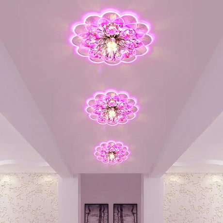 Modern Floral Led Flush Mount Ceiling Light With Beveled Crystal In Red For Porch Pink White And