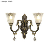 Modern Floral Shade Wall Sconce With Crystal Drip - 2 Lights Black & Gold