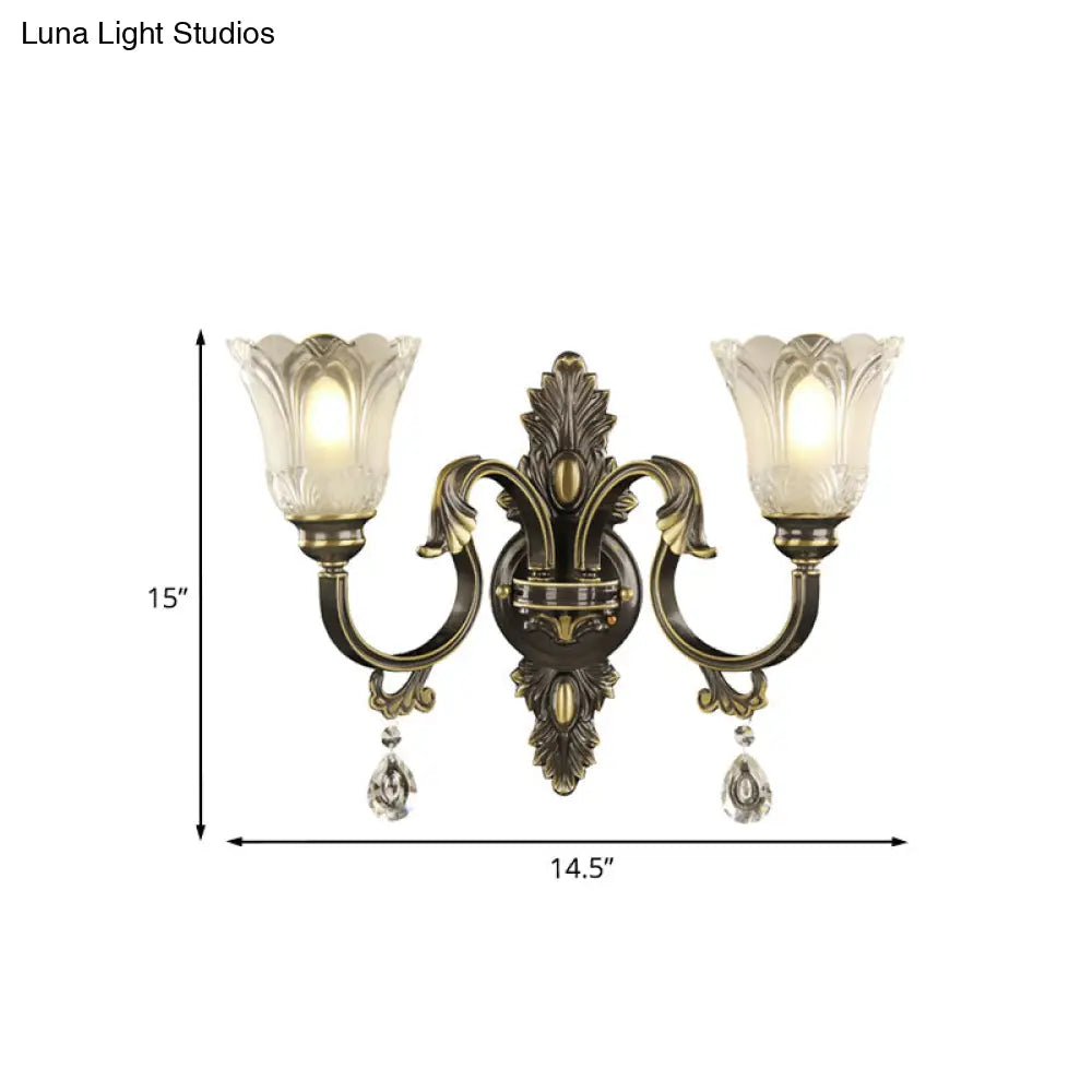 Modern Floral Shade Wall Sconce With Crystal Drip - 2 Lights Black & Gold