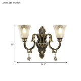 Modern Floral Shade Wall Sconce With Crystal Drip - 2 Lights Black & Gold