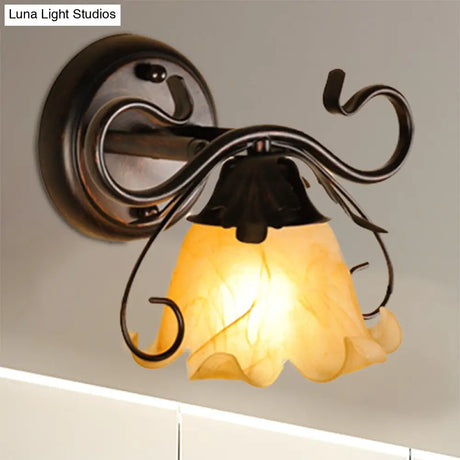 Modern Floral Yellow Glass Vanity Wall Sconce - Stylish 1/2/3-Light Black Finish Mount Lighting