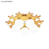 Modern Flush Ceiling Lamp With Wood Antler Design - White Glass Jar Fixture 5/7 Bulbs Beige Mount