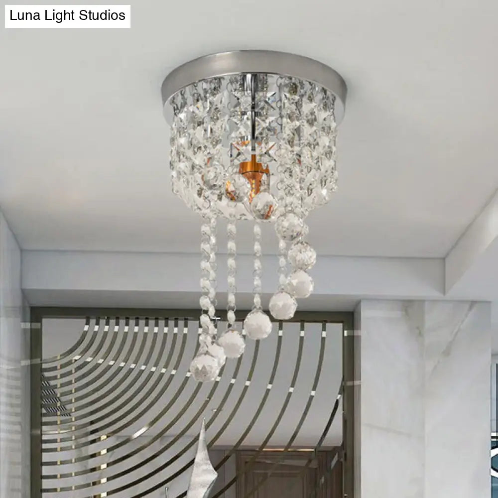 Modern Flush Mount Crystal Lamp With Clear Strands And Spiral Design - 1 Bulb Ceiling Fixture