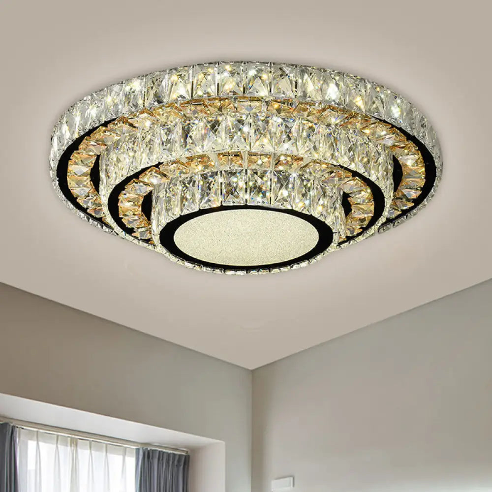 Modern Flush - Mount Led Ceiling Light With Stainless - Steel Layered Circle And Beveled Crystal