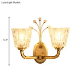 Modern Flush Wall Sconce With Clear Glass Shade And Crystal In Brass Finish - 1/2-Light Tapered