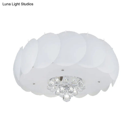Modern Frosted Glass Flushmount Ceiling Lamp With Crystal Ball - Drum Design White Finish Available