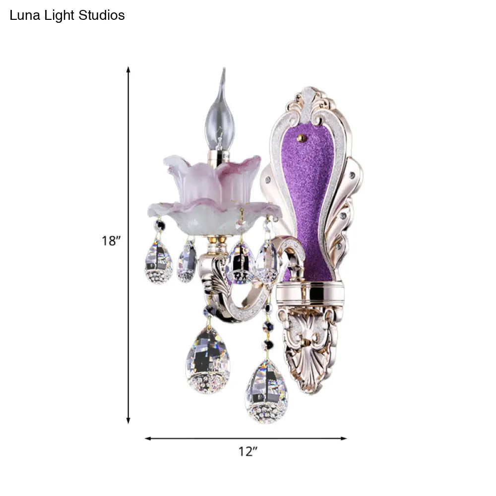 Modern Frosted Glass Purple Wall Sconce Light With Teardrop Crystal Drops - Ruffle Design