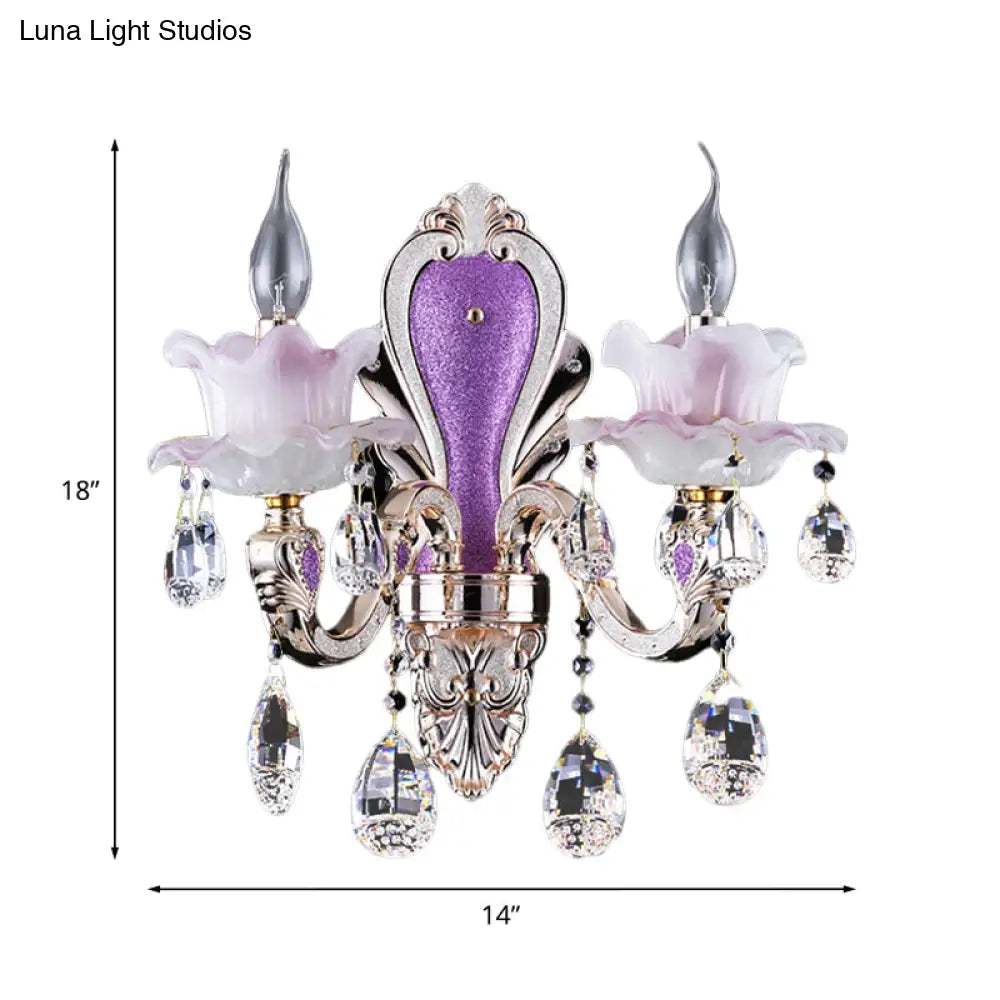 Modern Frosted Glass Purple Wall Sconce Light With Teardrop Crystal Drops - Ruffle Design