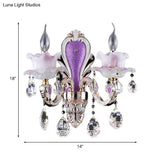 Modern Frosted Glass Purple Wall Sconce Light With Teardrop Crystal Drops - Ruffle Design