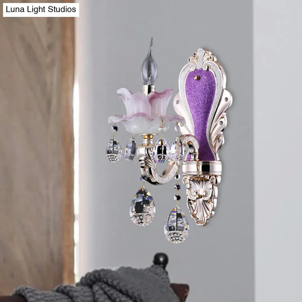 Modern Frosted Glass Purple Wall Sconce Light With Teardrop Crystal Drops - Ruffle Design