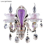Modern Frosted Glass Purple Wall Sconce Light With Teardrop Crystal Drops - Ruffle Design