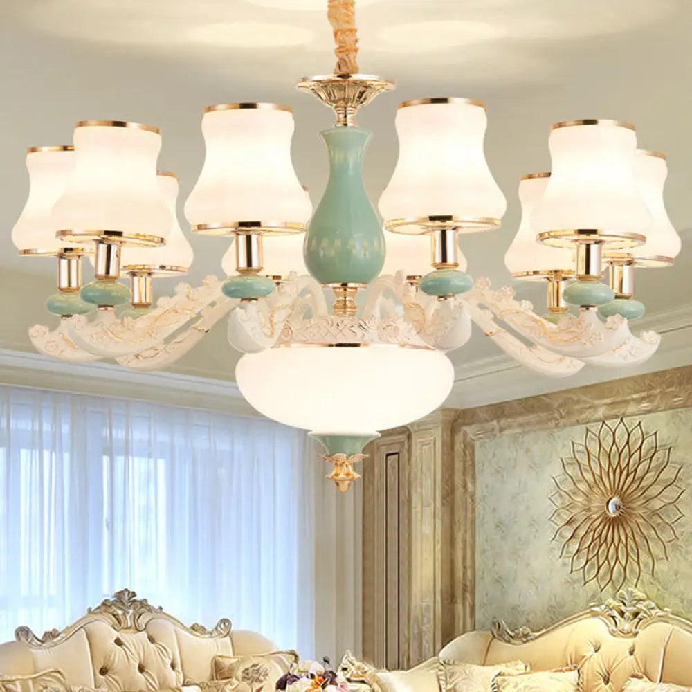 Modern Frosted Glass & White Ceramics Chandelier Light Flared Suspension Lighting For Living Room 10