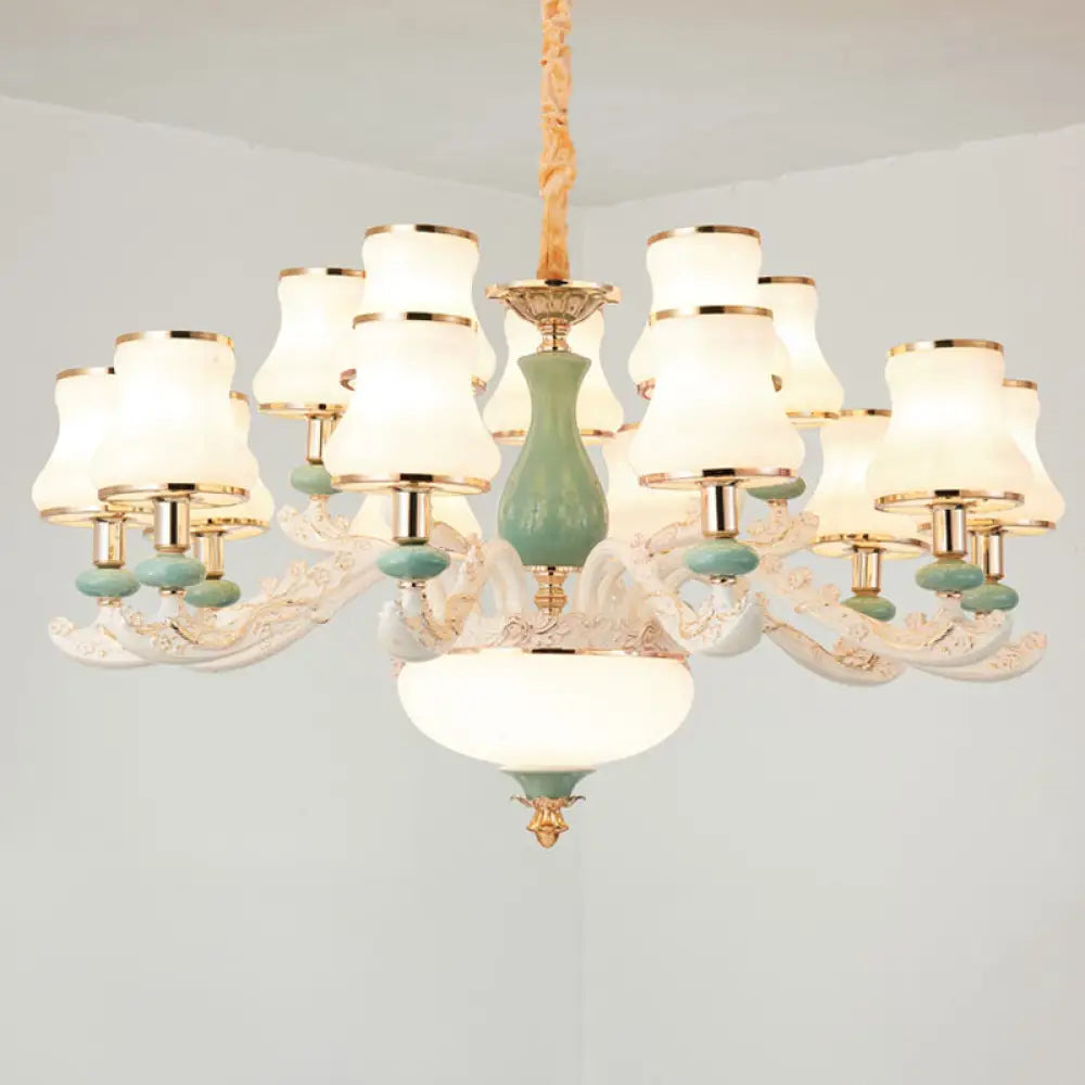 Modern Frosted Glass & White Ceramics Chandelier Light Flared Suspension Lighting For Living Room 15