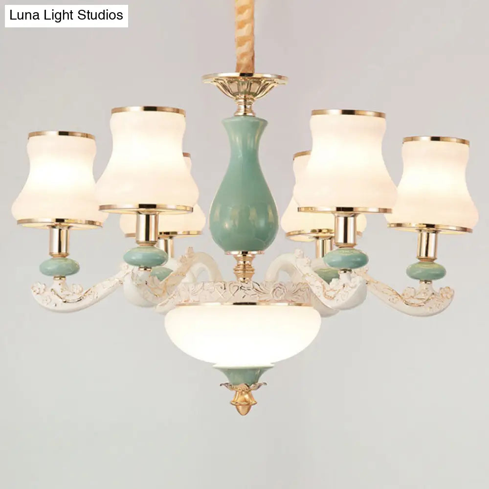Modern Frosted Glass & White Ceramics Chandelier Light Flared Suspension Lighting For Living Room