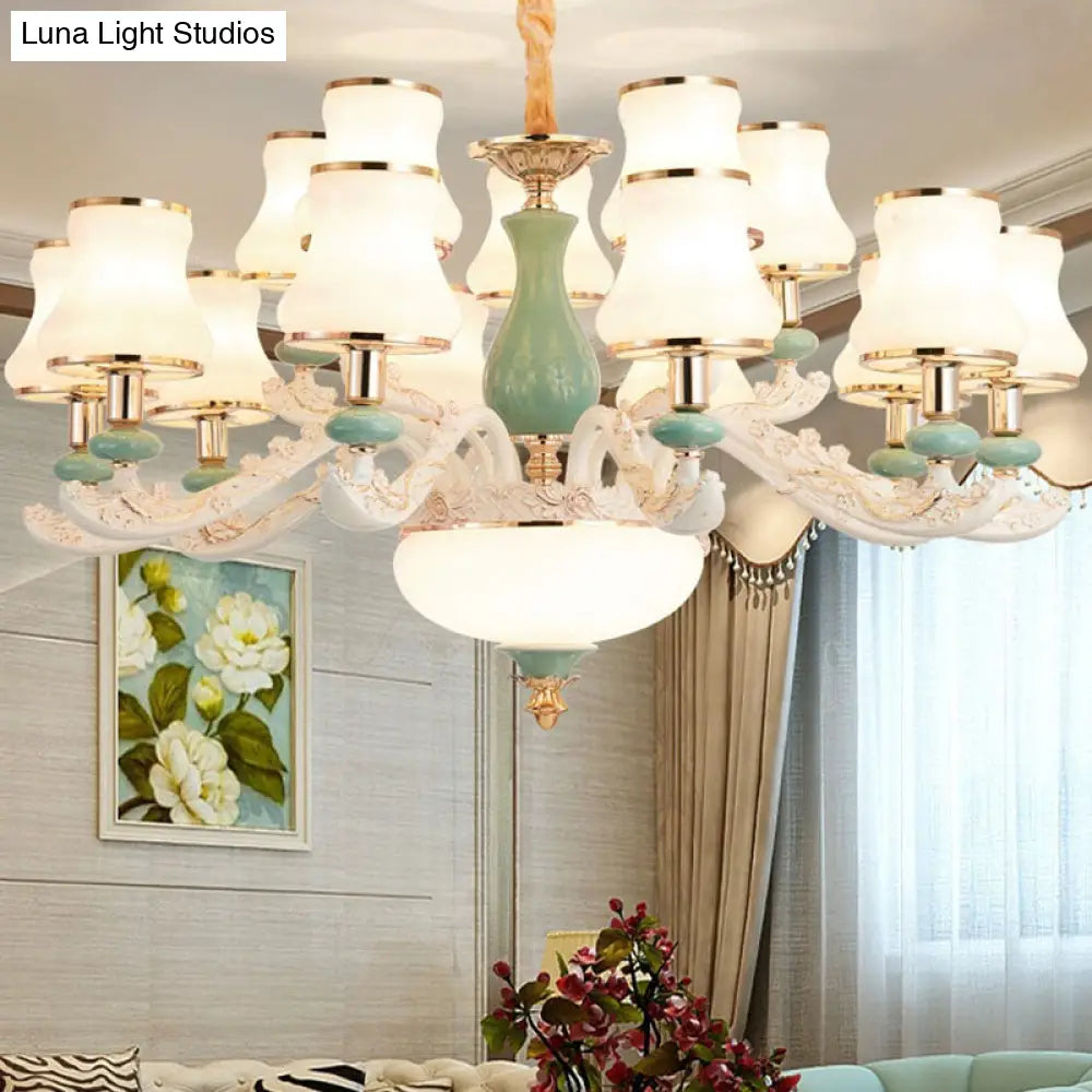 Modern Frosted Glass & White Ceramics Chandelier Light Flared Suspension Lighting For Living Room