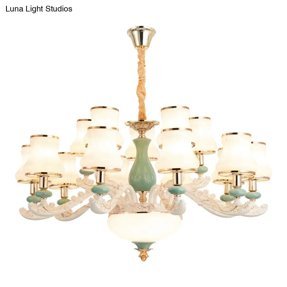 Modern Frosted Glass & White Ceramics Chandelier Light Flared Suspension Lighting For Living Room