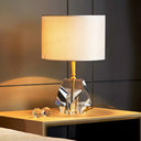 Modern Geometric Desk Lamp With Crystal Accents - Sleek White Table Light Fabric Shade